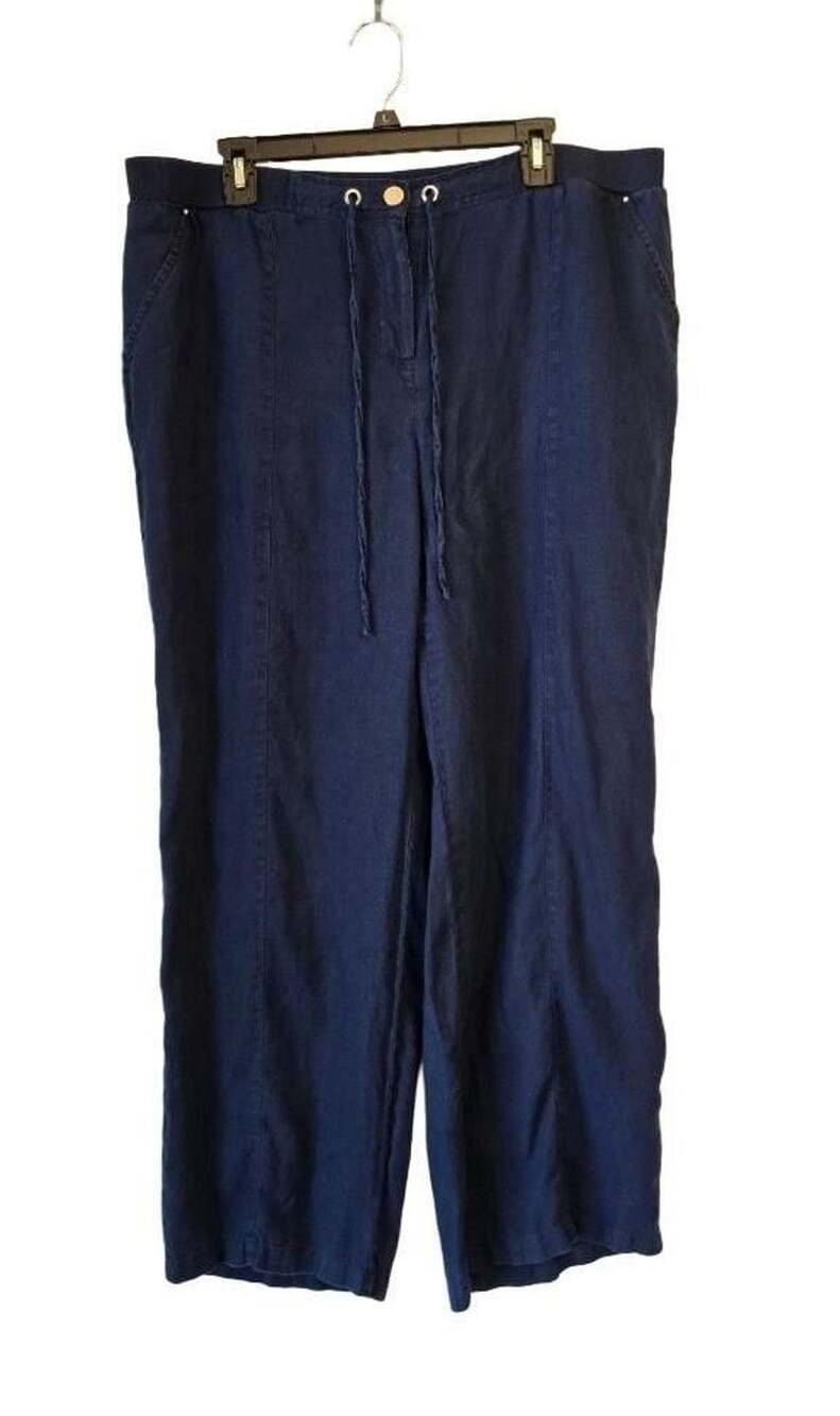 Navy Blue Linen Wide Leg Pants with faux drawstring Waist, size 18